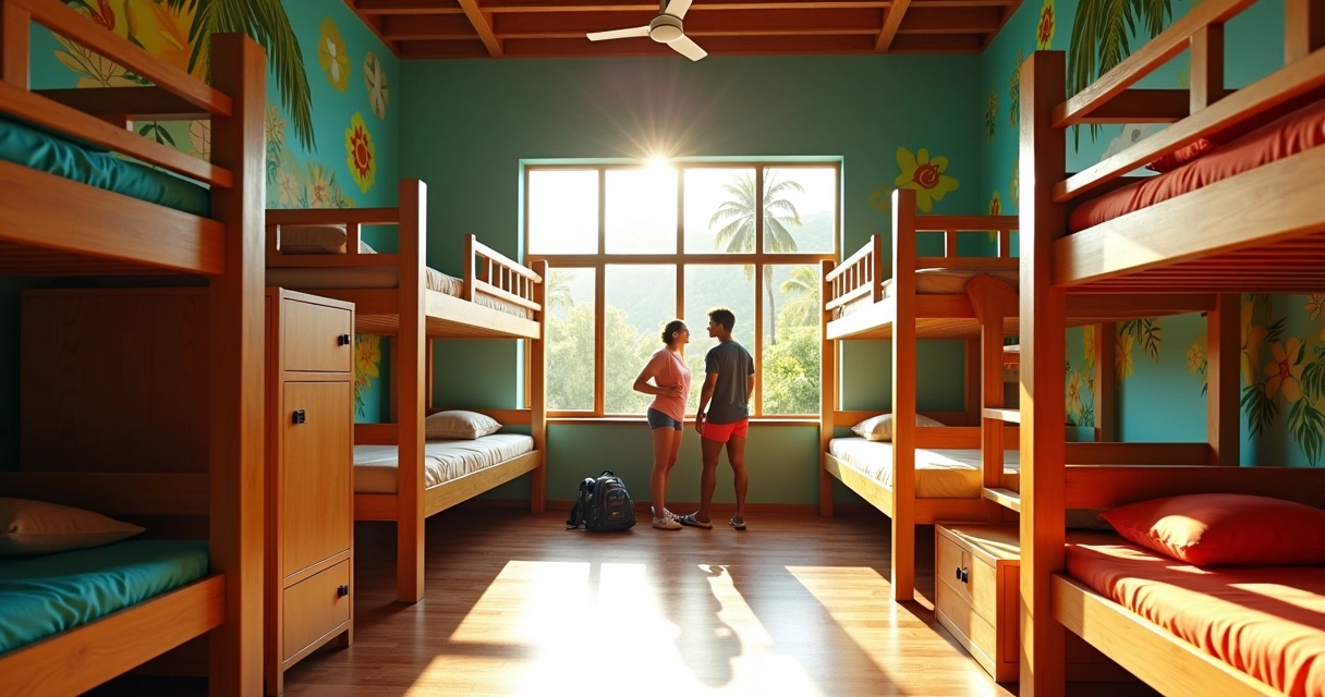 Quarto compartilhado de hostel com beliches e decoração vibrante em Ilhéus