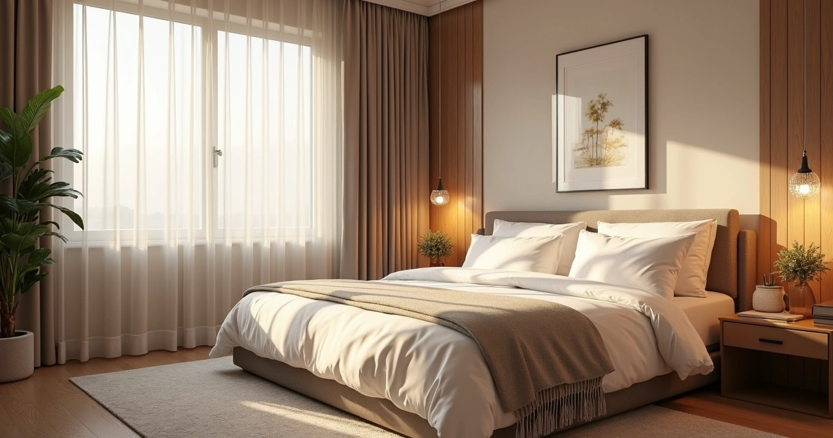 Quarto de hotel aconchegante com decoração moderna e luz natural abundante