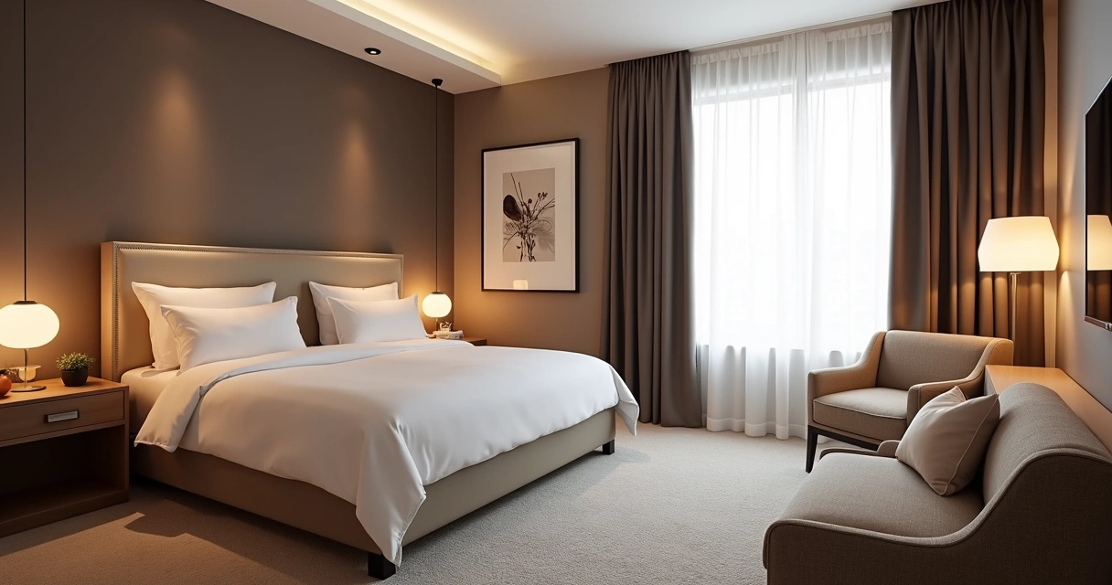 Quarto de hotel boutique moderno com elementos de marca visual clara