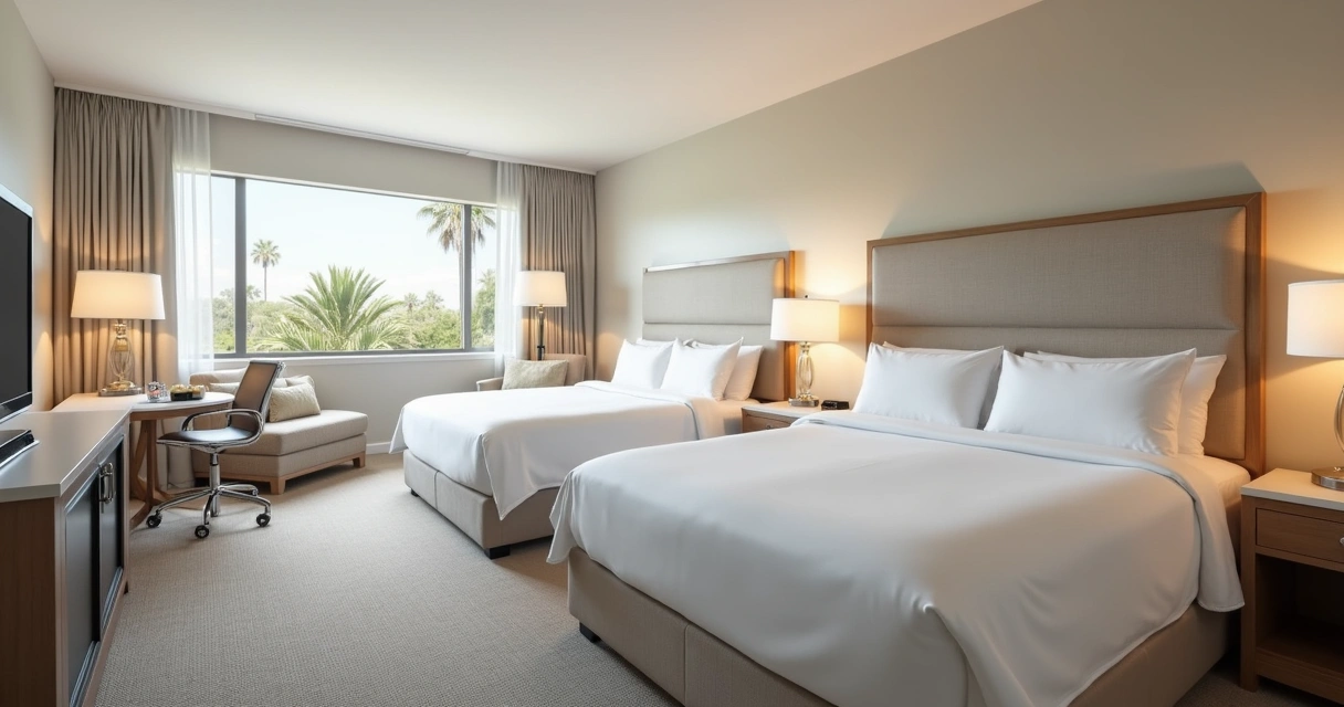Quarto de hotel espaçoso com decoração clara e camas de casal em Orlando 