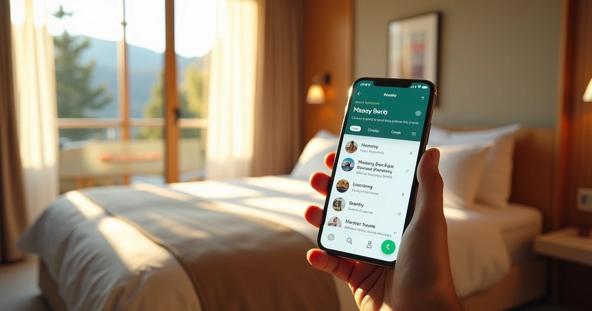 Celular mostrando conversa sobre reserva de quarto de hotel 