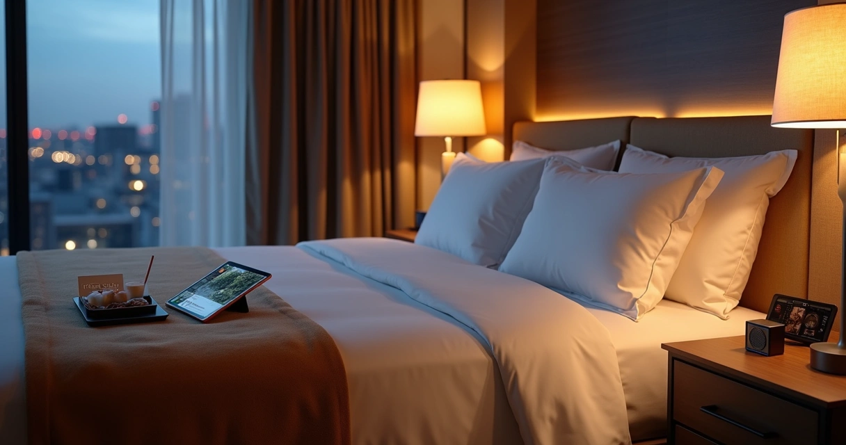 Quarto de hotel com iluminação aconchegante e tablet exibindo opções personalizadas 