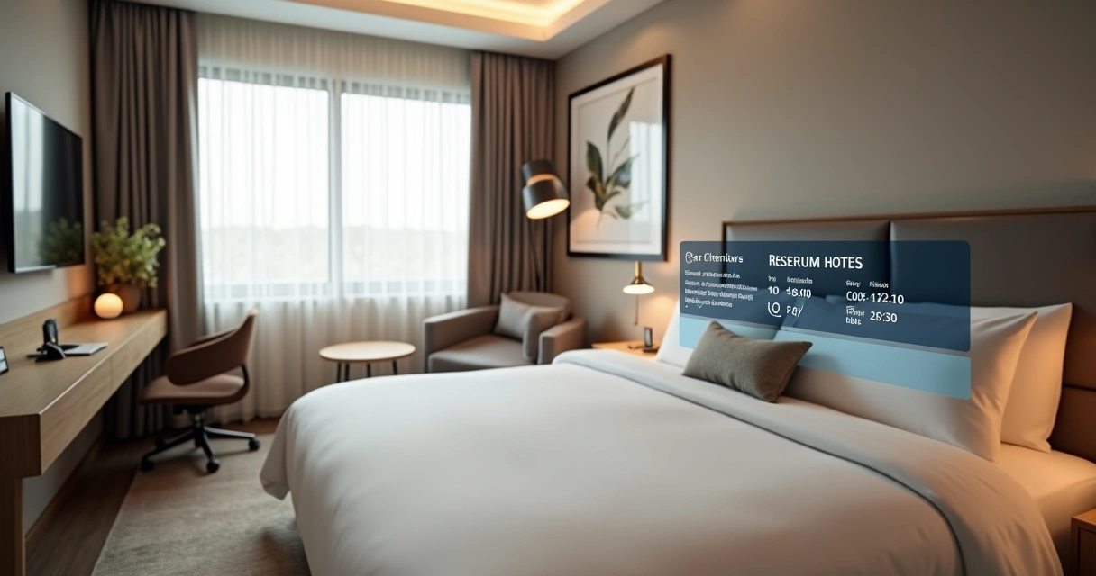 Quarto de hotel moderno com painel tecnológico integrado próximo à cama 