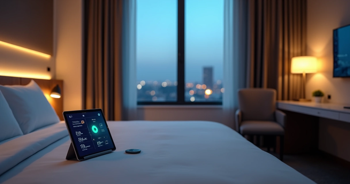 Quarto de hotel moderno com automações de luz, clima e cortinas controladas por tablet 