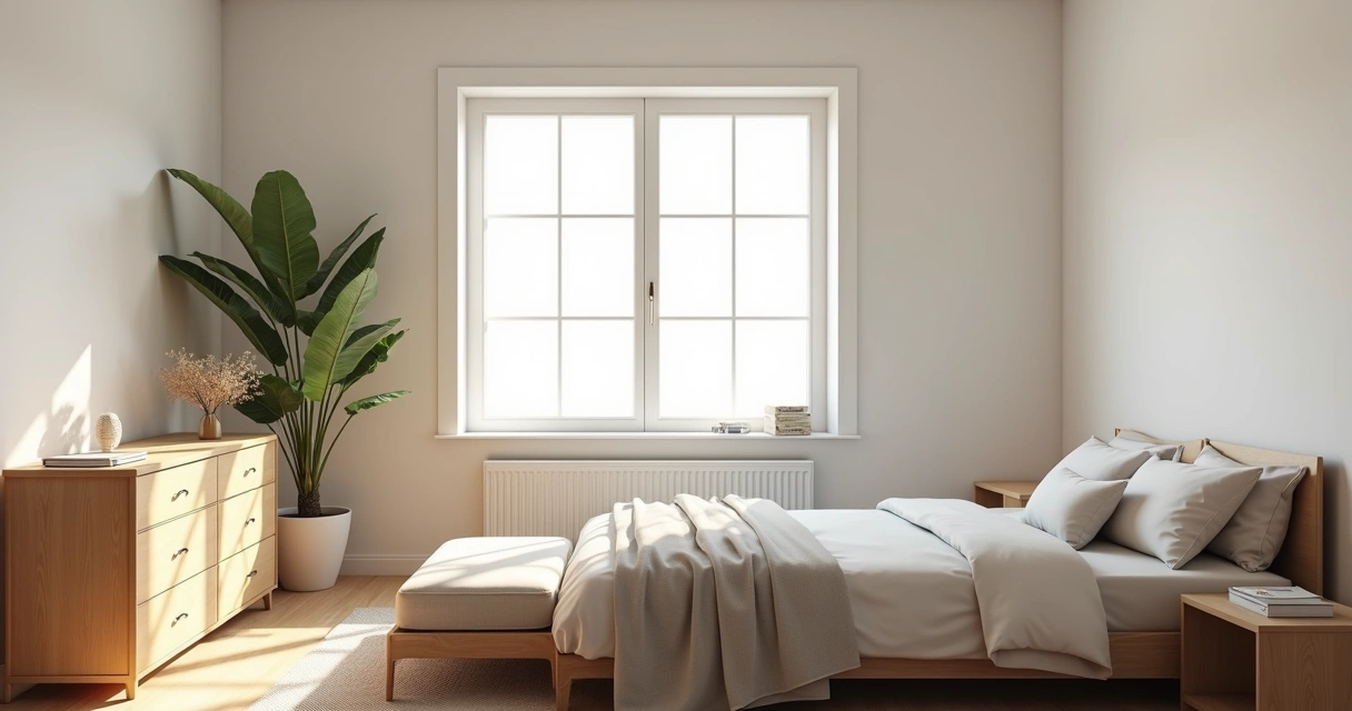 Quarto com janela grande e paredes claras 