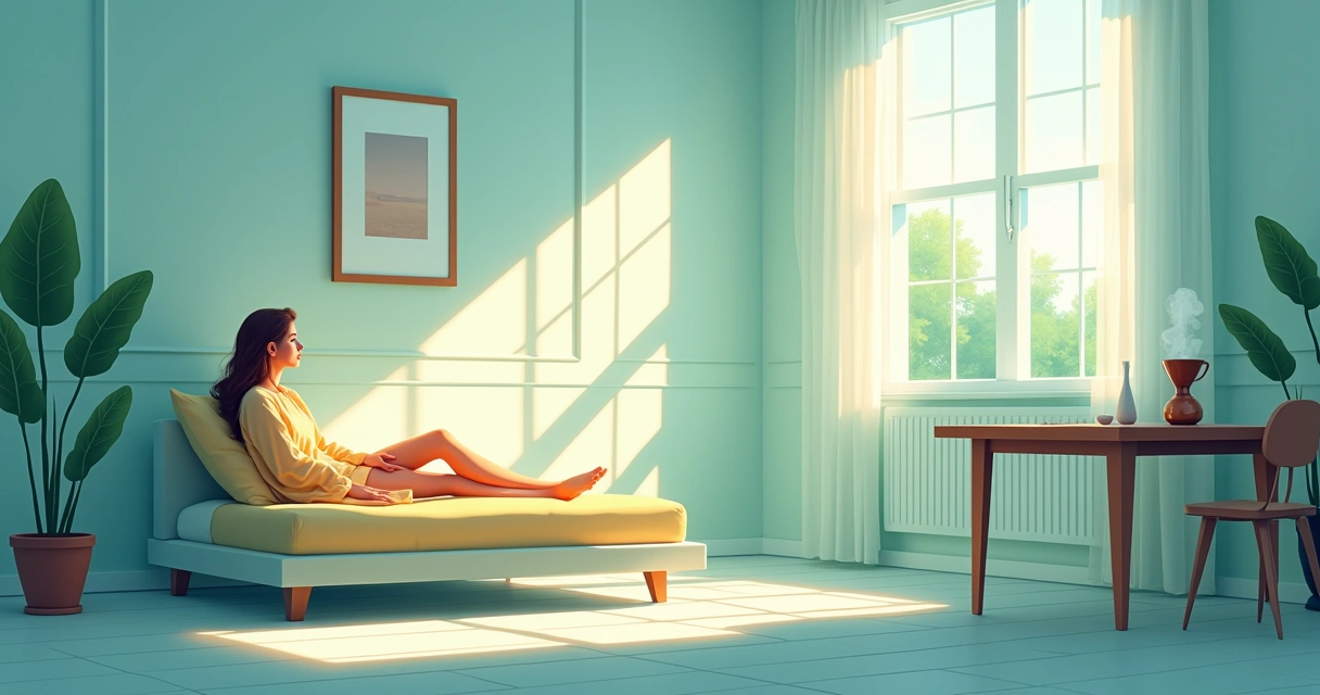 Quarto iluminado com sombras projetadas, pessoa sentada refletindo, caderno e chá ao lado em ambiente calmo.
