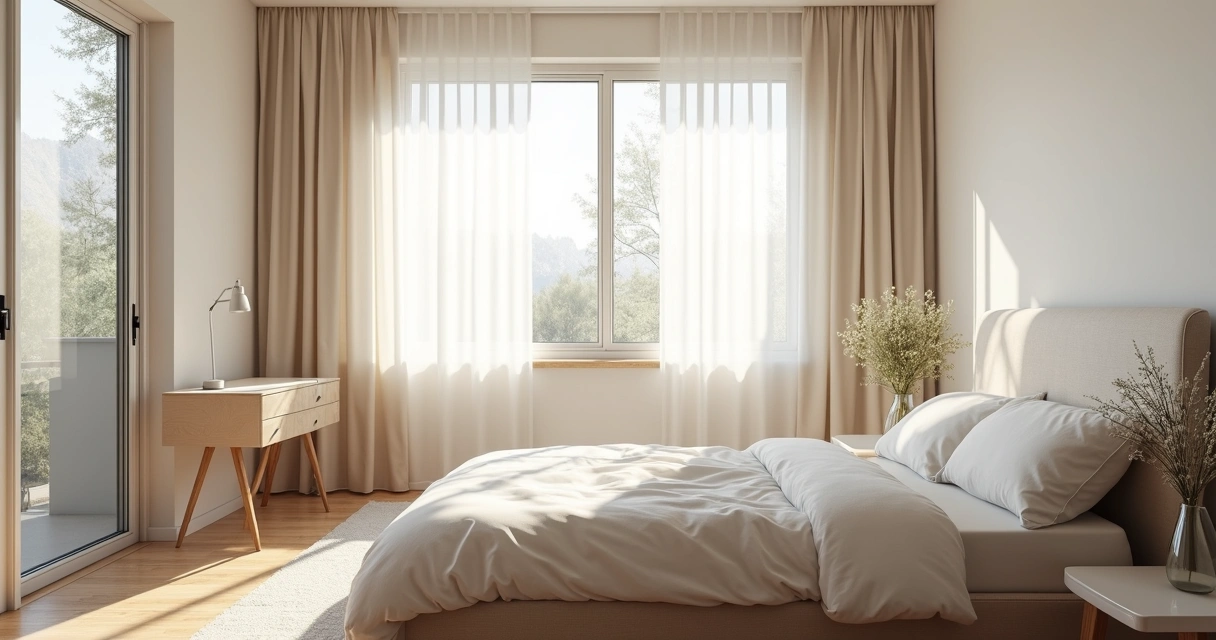 Quarto com janelas grandes e cortinas leves, luz natural entrando 