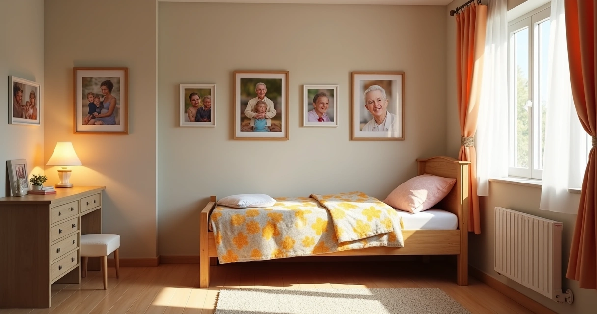 Quarto individual de idoso decorado de forma afetiva e acolhedora 