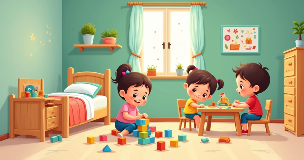 Quarto infantil com crianças jogando brinquedos educativos, como quebra-cabeças e jogos de tabuleiro.
