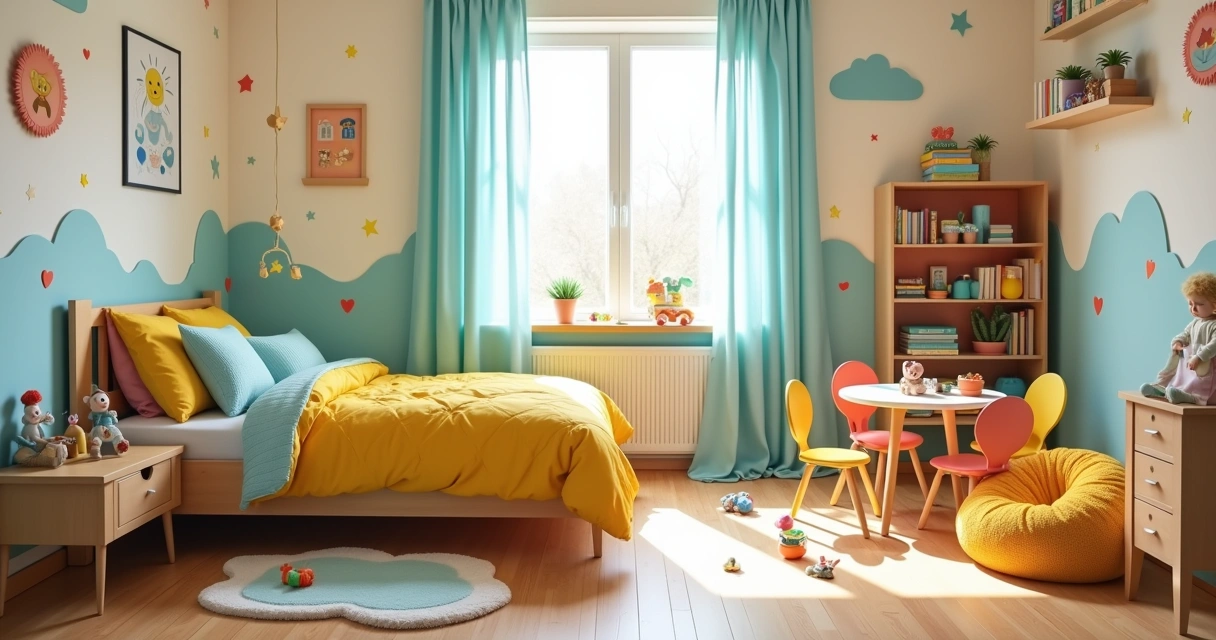 Quarto infantil alegre com cama ajustável, mesa de brinquedos e decoração colorida.