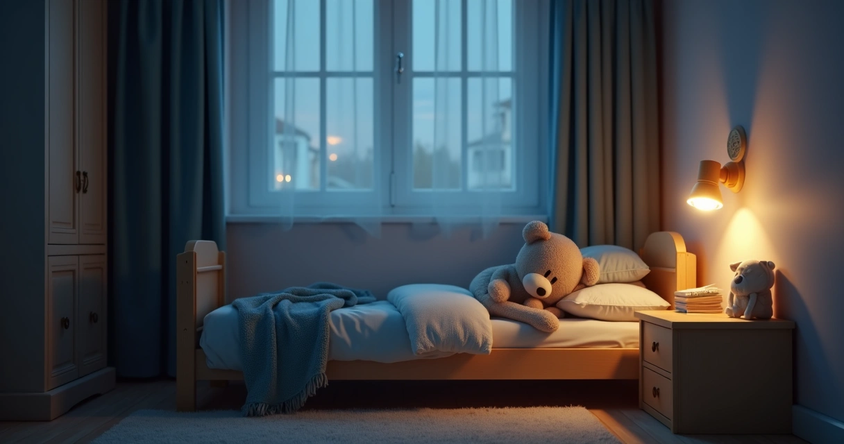 Quarto infantil com luz noturna suave e brinquedo de pelúcia ao lado da cama 