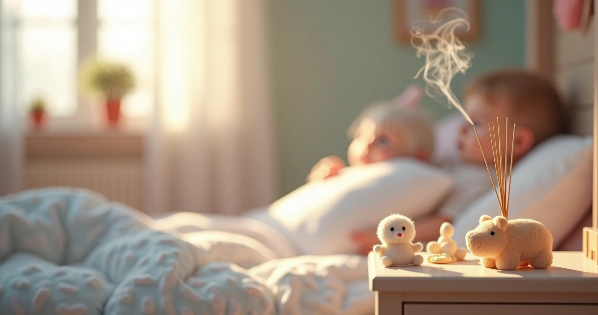 Incenso aceso soltando fumaça suave sobre móveis de quarto infantil decorado 