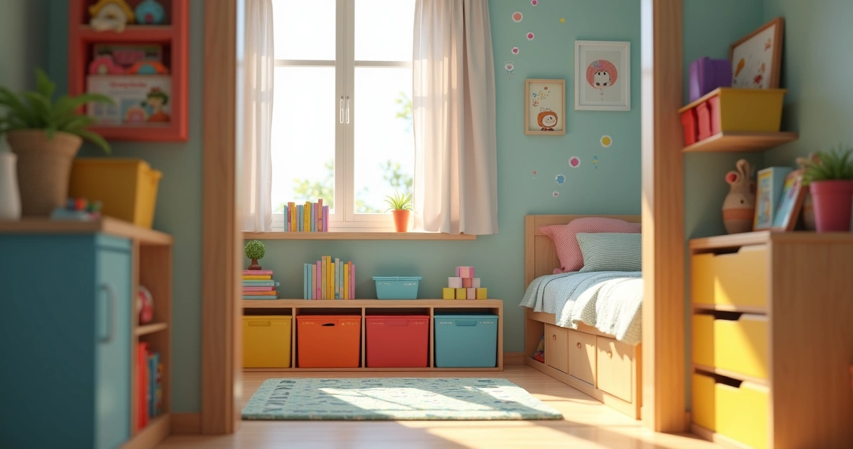 Quarto infantil organizado com caixas coloridas, prateleiras baixas e brinquedos visíveis 