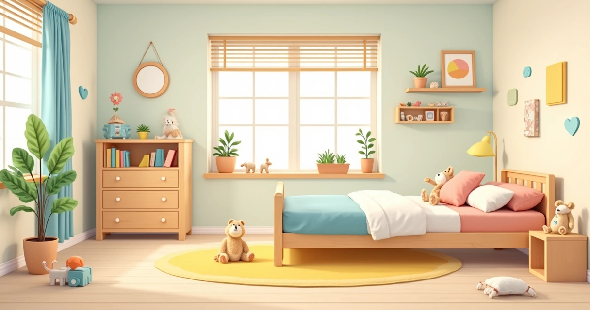 Quarto infantil alegre com móveis sustentáveis, incluindo uma cama que se transforma em sofá e decoração ambiental.
