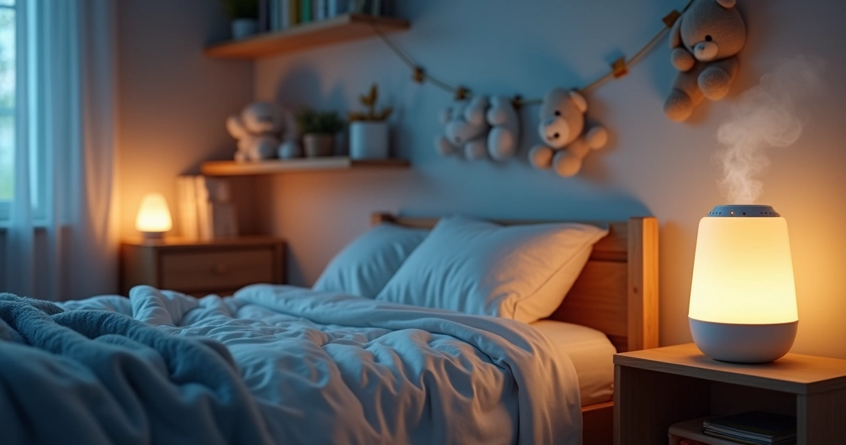 Quarto infantil com umidificador ligado e luz suave ao fundo. 