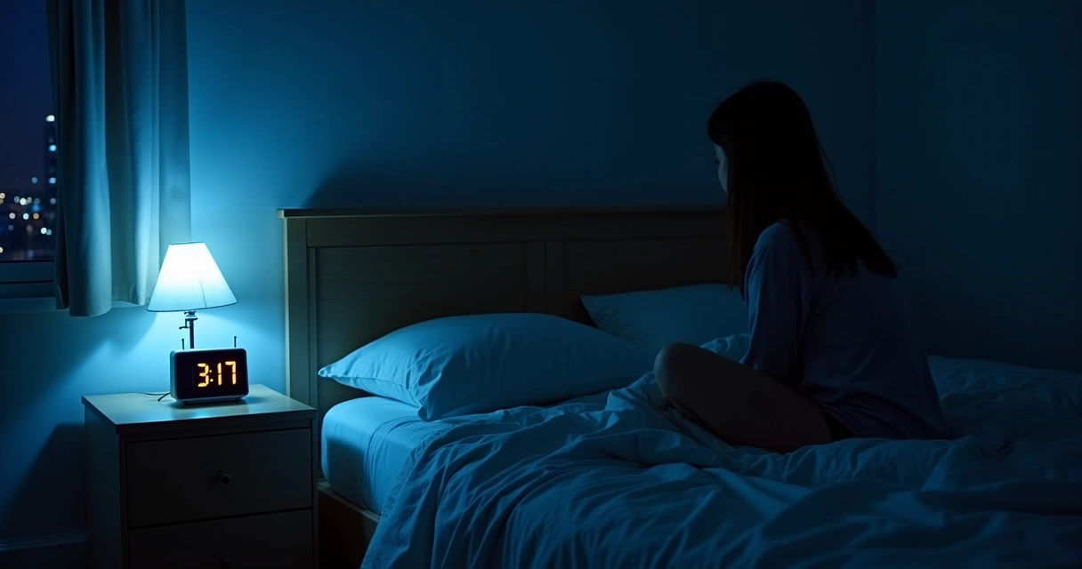 Quarto escuro com despertador e pessoa acordada na cama 