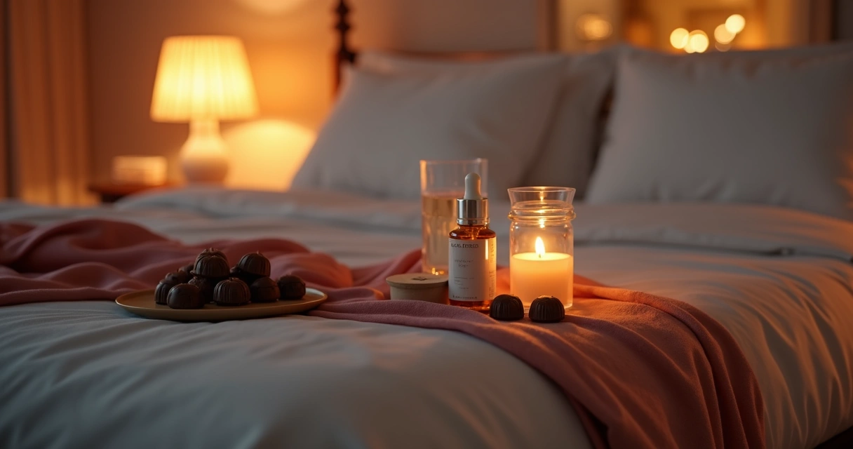 Quarto aconchegante com iluminação suave e acessórios íntimos 