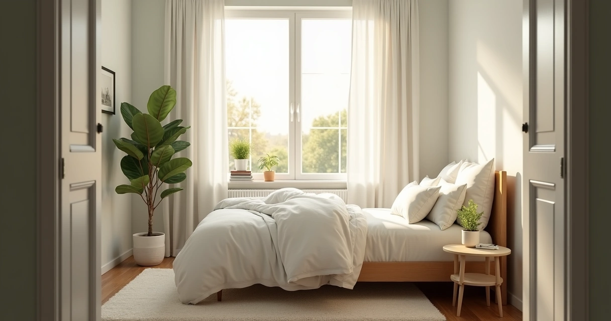 Quarto limpo e arejado com janela aberta