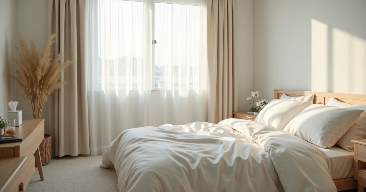 Quarto organizado e limpo com roupas de cama claras 