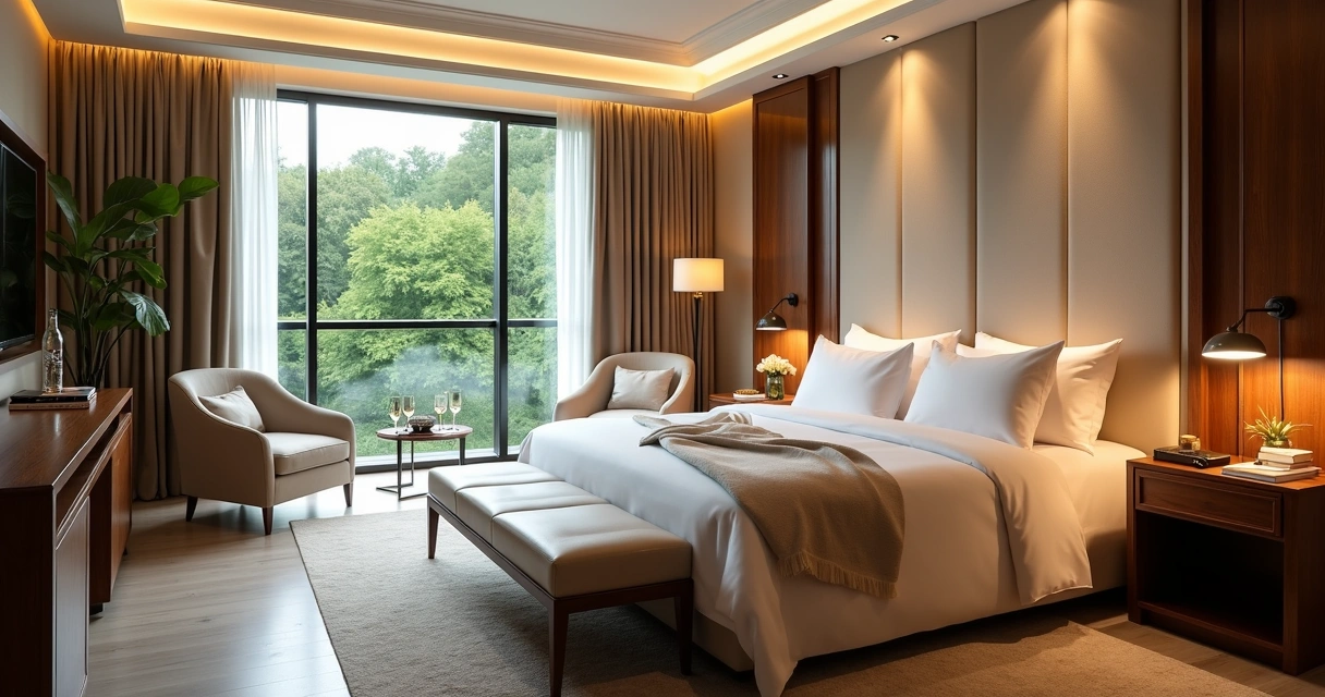 Quarto de hotel luxuoso com varanda e vista para a natureza 