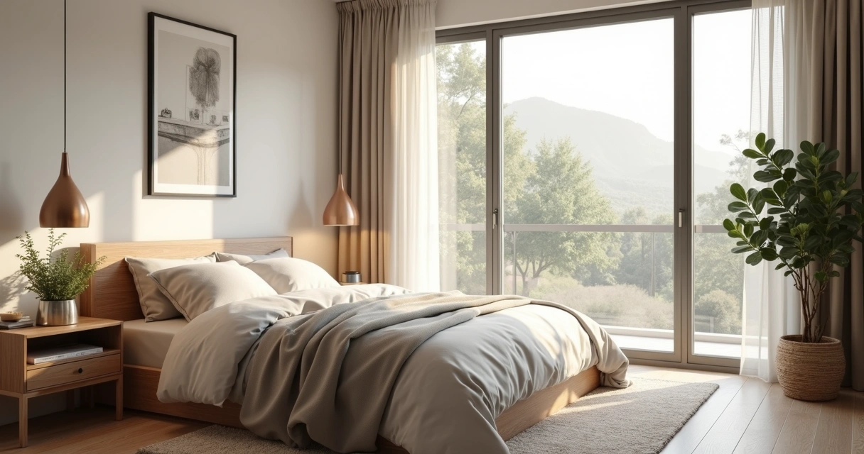 Quarto organizado e iluminado por luz natural, pronto para fotos de anúncio 