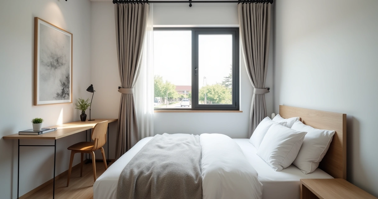 Quarto arejado, com luz natural, cama arrumada, mesa de estudo ao lado 