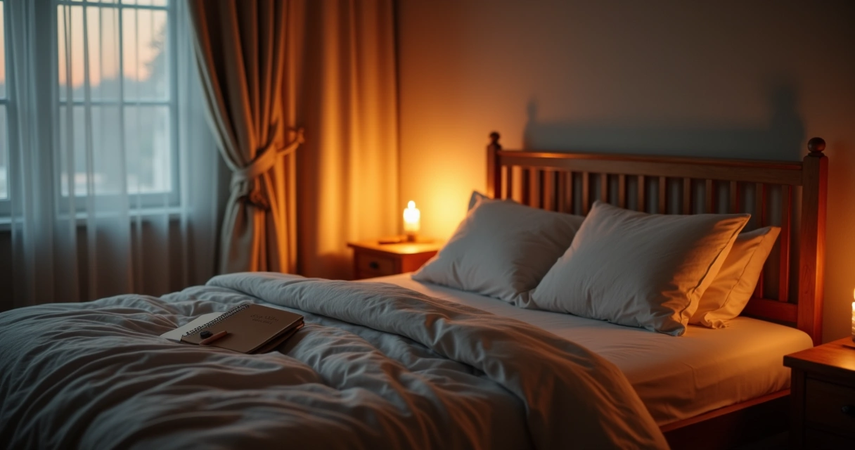 Quarto com luz suave, cama arrumada e clima relaxante para autorreflexão noturna. 