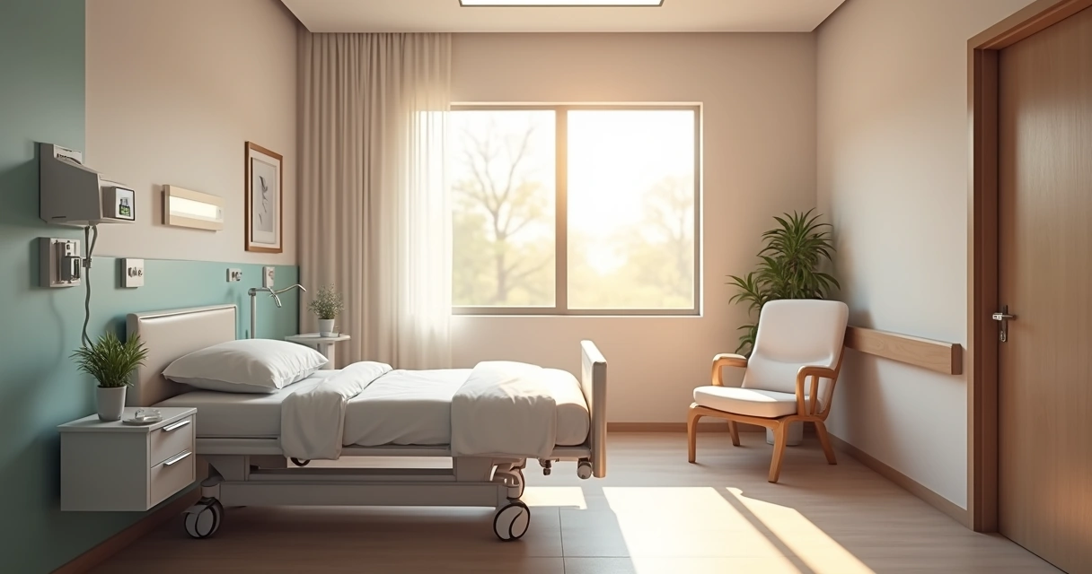 Quarto de maternidade com cama e poltrona confortável para gestante 