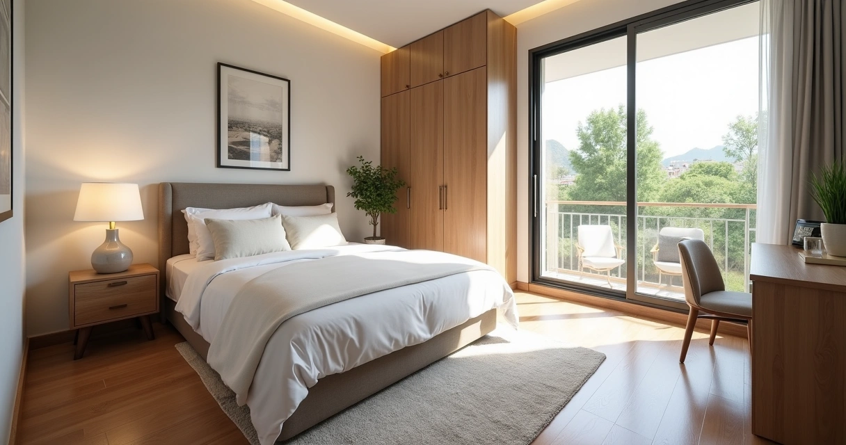 Quarto mobiliado em Campinas com cama de casal e móveis claros 