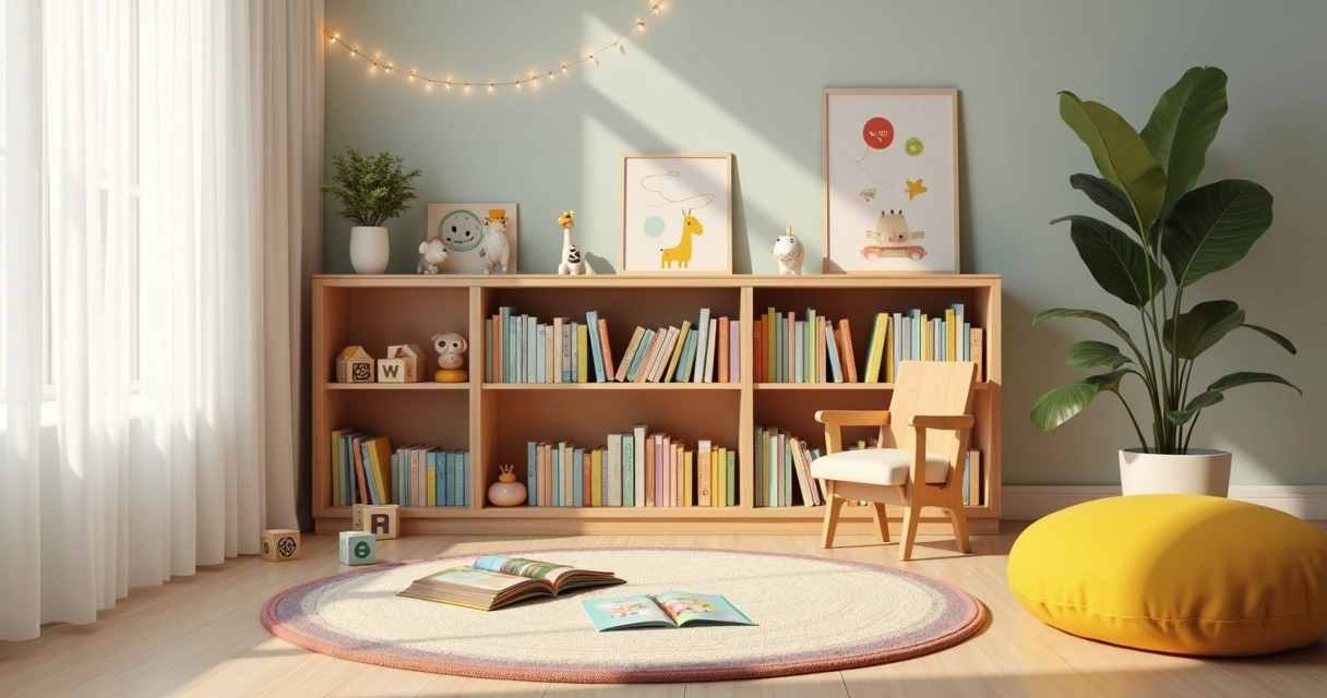 Quarto infantil claro com estante baixa cheia de livros coloridos ao alcance da criança 