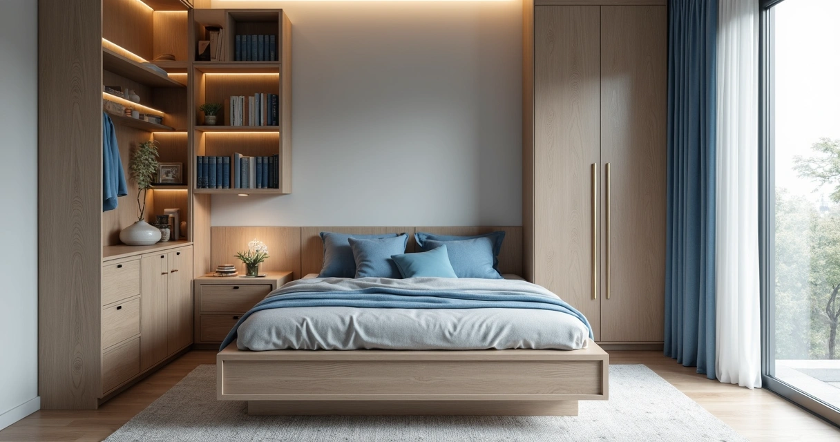 Quarto pequeno com cama box baú, prateleiras e iluminação simples 