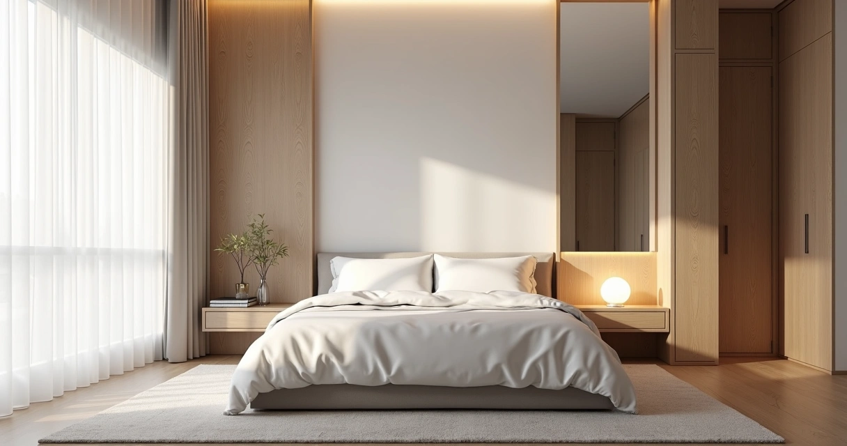 Quarto pequeno com tons claros e detalhes em madeira