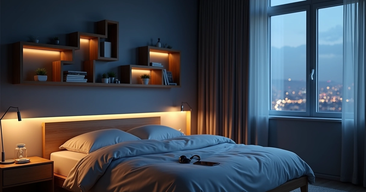 Quarto escuro com prateleira formando silhueta de cérebro luminoso na parede 