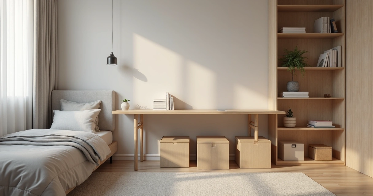 Quarto alugado bem organizado com mesa dobrável e caixas empilháveis 