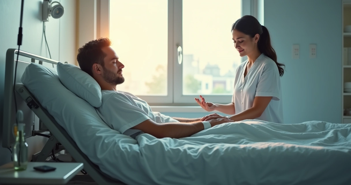 Paciente pós-cirúrgico repousando em um quarto com cuidador 