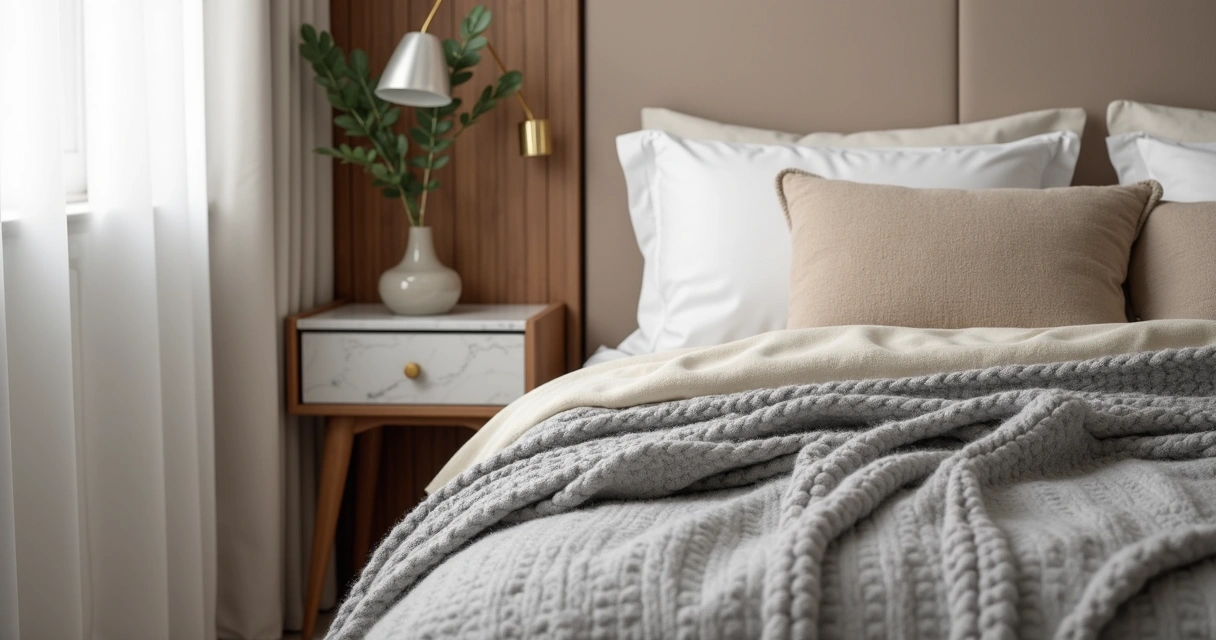 Detalhes de texturas em quarto de casal pequeno 