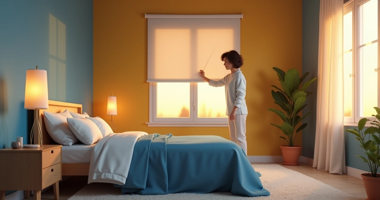 Pessoa ajustando persiana blackout em um quarto aconchegante