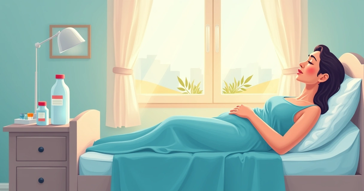 Paciente descansando em cama limpa com garrafa de água e medicação na mesa de cabeceira, ambiente arejado e tranquilo. 