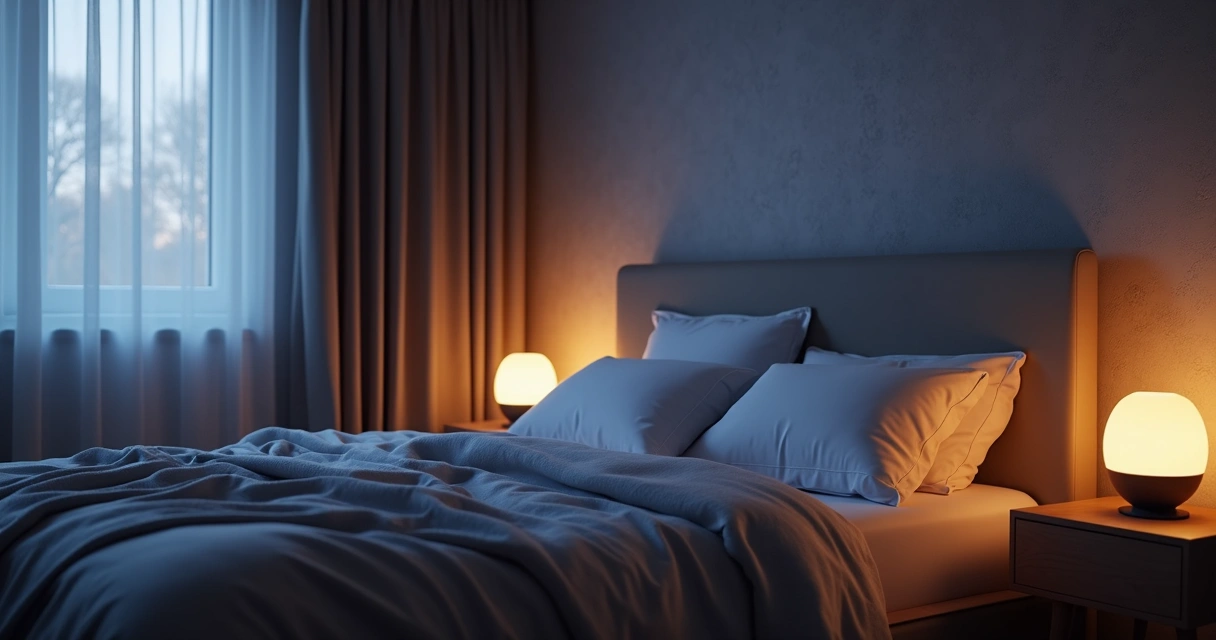 Quarto escuro com iluminação suave, travesseiros anatômicos e difusor de aroma ao lado da cama 