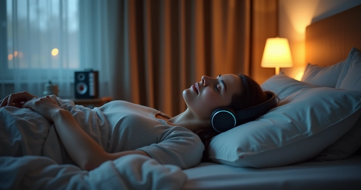 Quarto iluminado suavemente, pessoa ouvindo música relaxante deitada na cama 