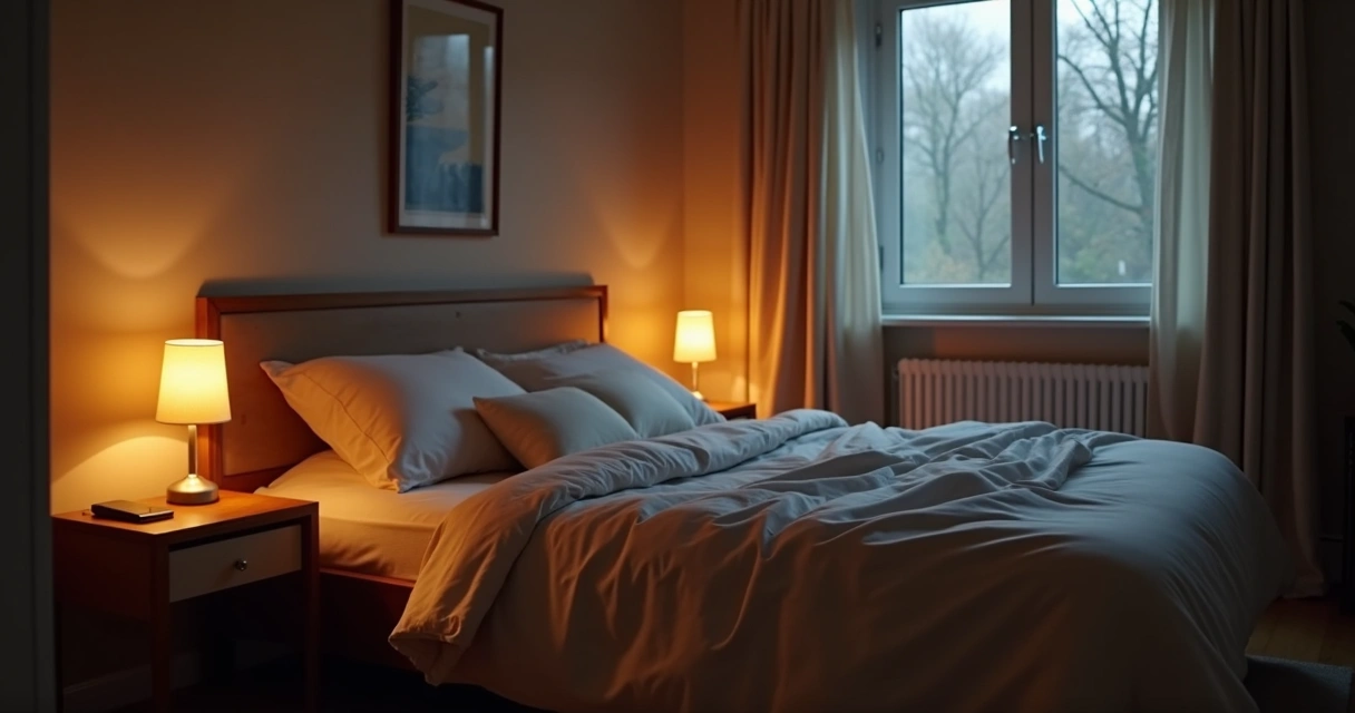 Quarto escuro com luz suave e cama arrumada com lençóis claros 