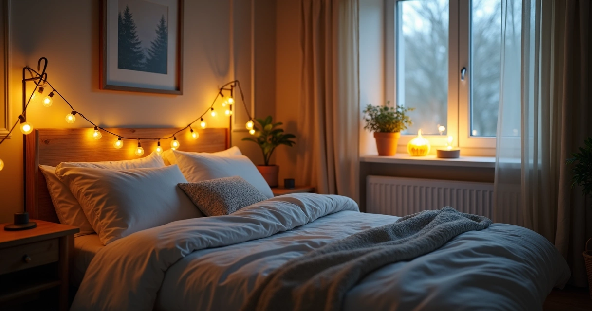 Quarto aconchegante iluminado suavemente à noite 