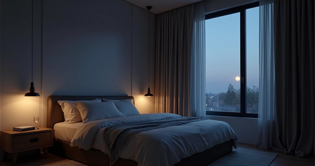 Quarto escuro e organizado com cama arrumada, ambiente relaxante 