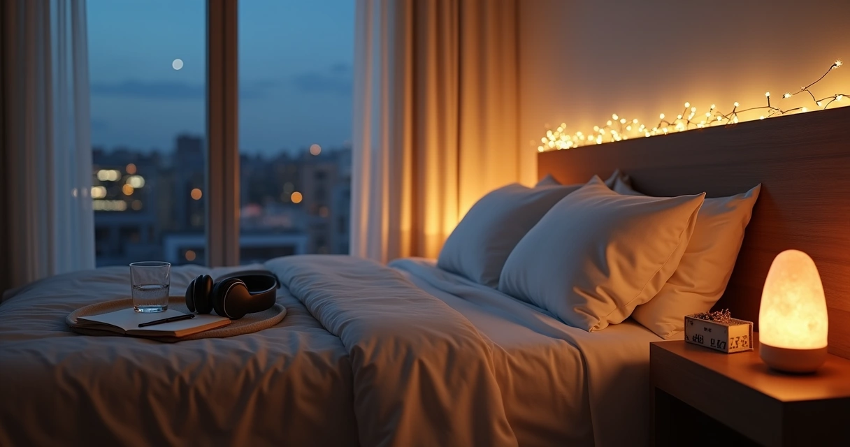 Quarto minimalista à noite com ritual de sono consciente organizado na cabeceira 