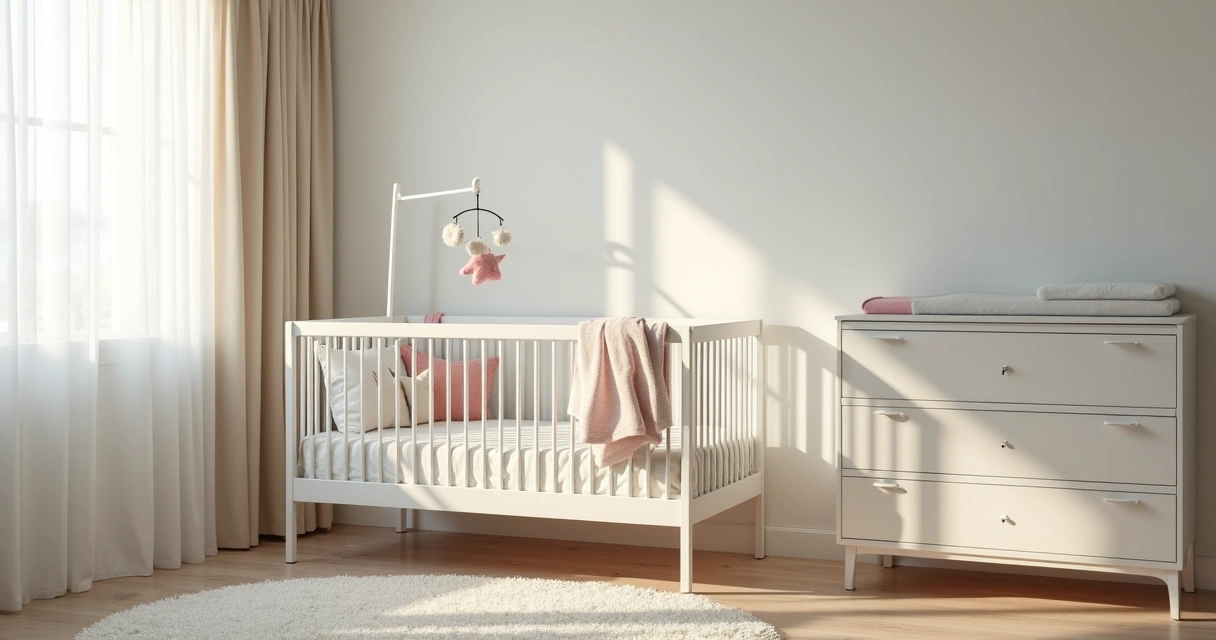 Quarto de bebê organizado com berço, móbile e protetores 