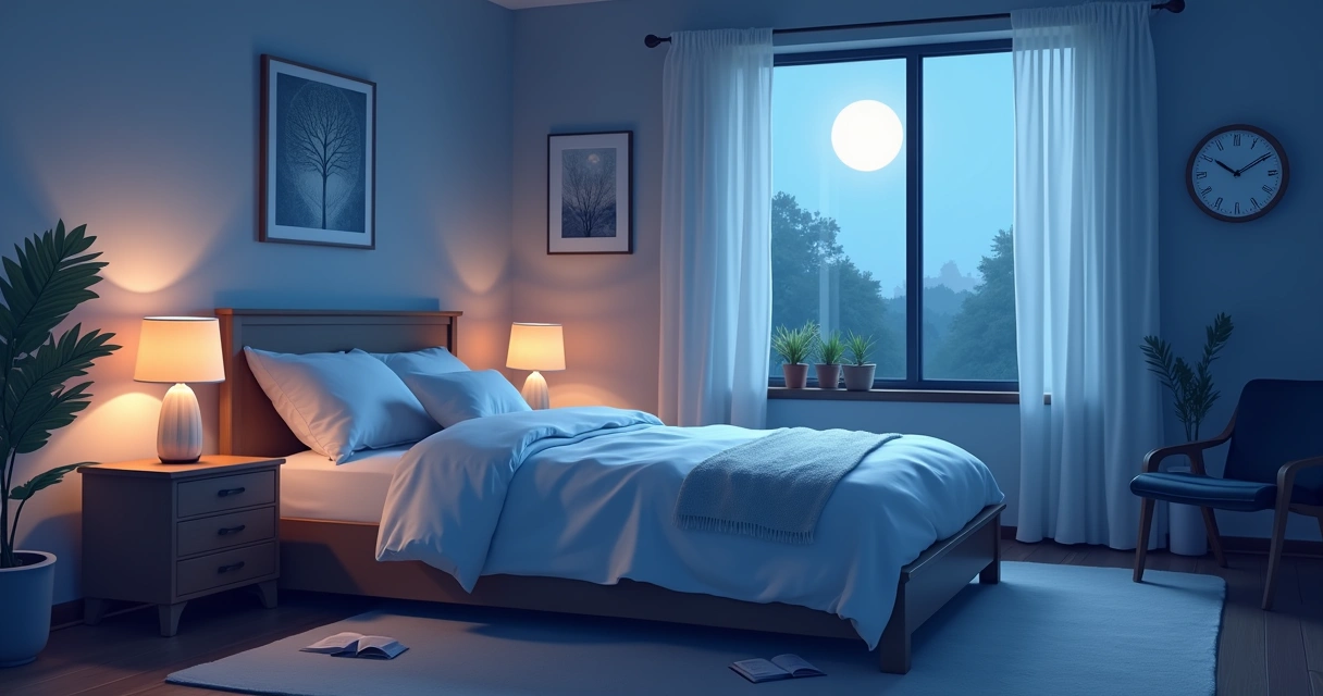 Quarto sereno à noite, cama confortável, luz quente, janelas com cortinas suaves, mat de yoga no canto.