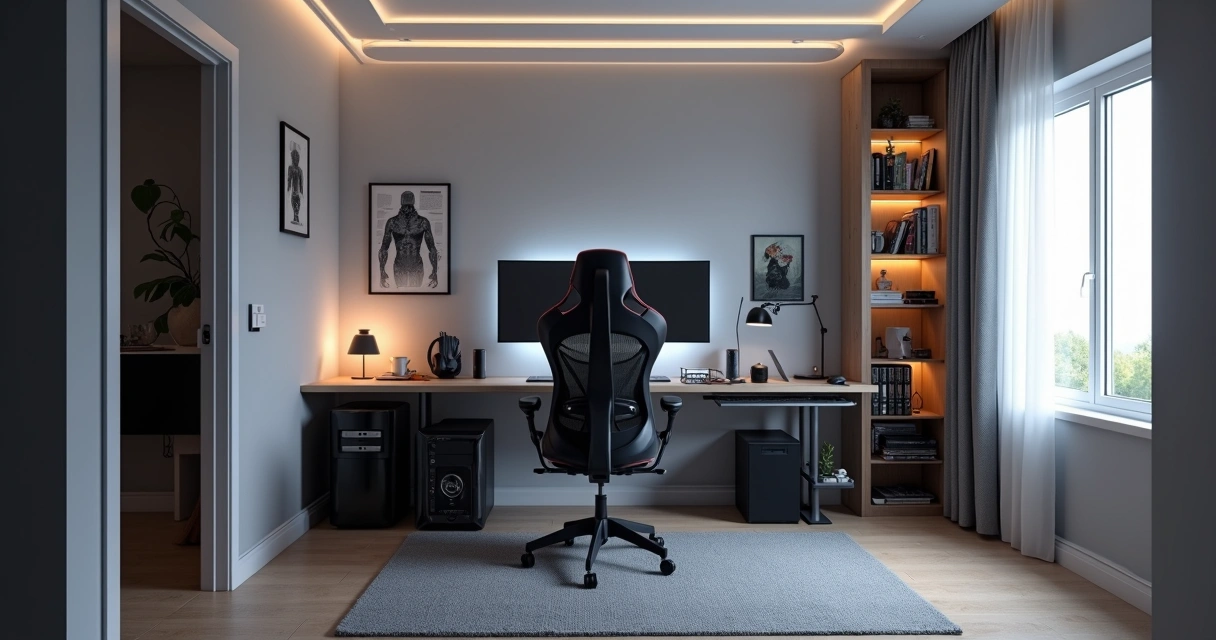 Quarto moderno com setup gamer ergonômico e bem organizado 
