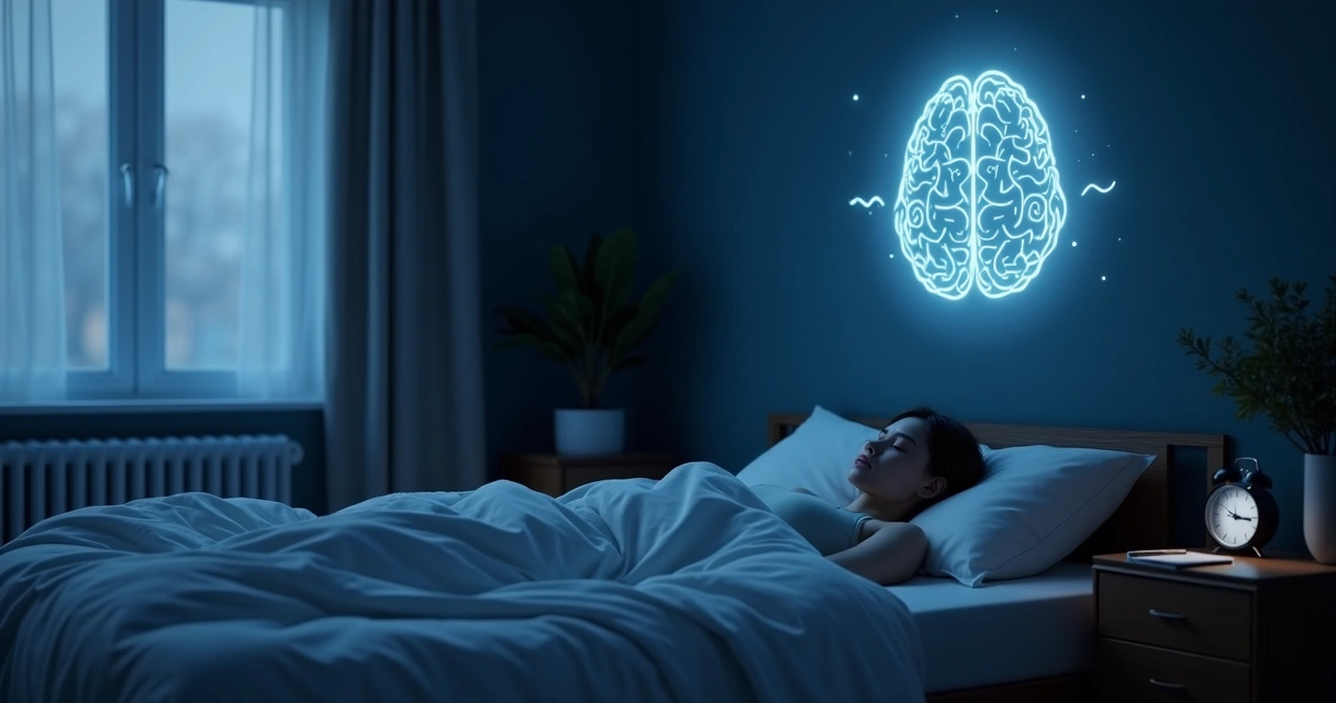 Quarto escuro e organizado com pessoa dormindo e silhueta de cérebro iluminado projetada na parede 