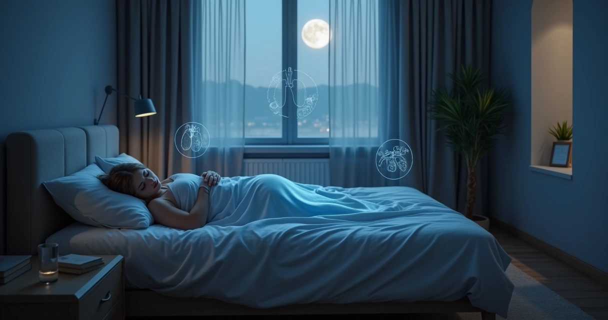 Quarto escuro com pessoa dormindo em cama clara e elementos sutis simbolizando funções do corpo em harmonia 