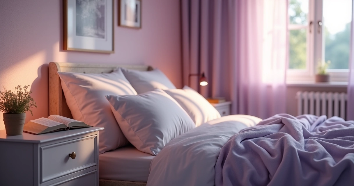 Quarto delicado com luz suave, uma bíblia aberta e sensação de acolhimento 